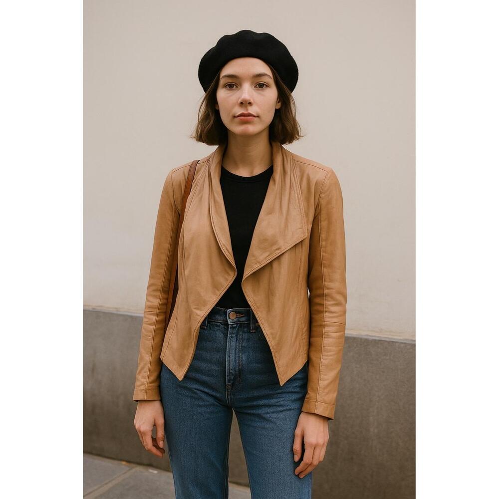 Trouvé Tan Genuine Leather Draped Open Front Jacket – Size M